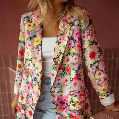 TEMU Women's Floral Print Blazer, Polyester 100% Long Sleeve Coat, Loose Fit With Single Button , 180g/m² Woven Fabric, Regular Sleeve Outerwear Image