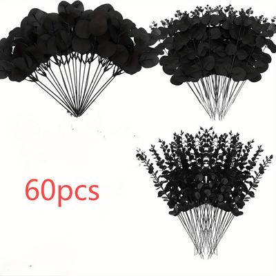 TEMU Festive Black Eucalyptus Leaves For Wedding Bouquets And Floral Arrangements - 60 Pcs, 3 Types, Silk Material, Halloween Themed, Yoratee Brand Image