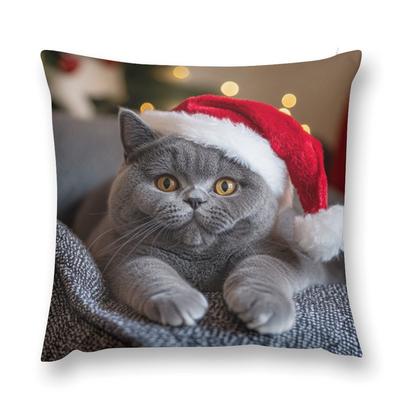 TEMU 1pc Christmas Cat , 18x18 , British Shorthair Hat, Sofa Decor, Washable, Zippered Cushion For - Czd1030180 Image