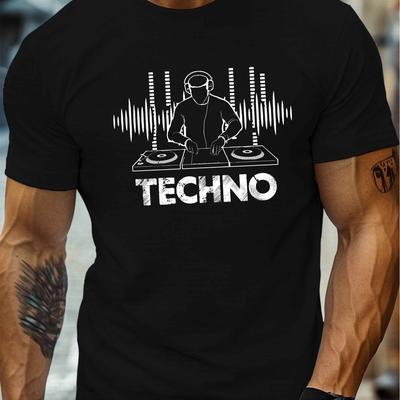 TEMU Men's Techno Dj Graphic Tee, 100 Neck Short Sleeve T-shirt, Casual Summer Top With Geometric Pattern, Regular Fit Lightweight Shirt Image