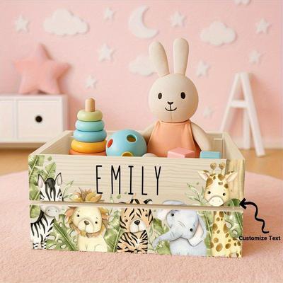 TEMU Personalized Text Customized Open Storage Box - Cartoon Tiger, Giraffe Pattern, Zoo Theme, Double-layer Wooden Box, Storage Box For Home Organization, Giraffe Decor Image