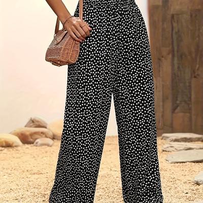 TEMU Women's Floral Print Wide-leg Pants - Black & White Ditsy , 95% Polyester & 5% Spandex, Casual Loose Fit For Spring/summer/fall, Machine Washable, Ladies Pants Image