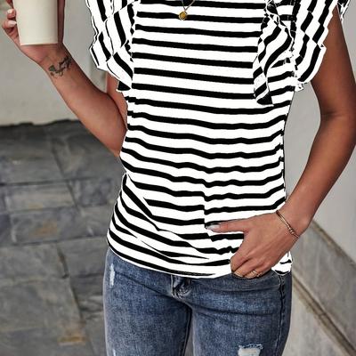 TEMU Women' And White Striped Blouse With Ruffle Sleeves, Casual Round Neck Short Sleeve Top For All Image