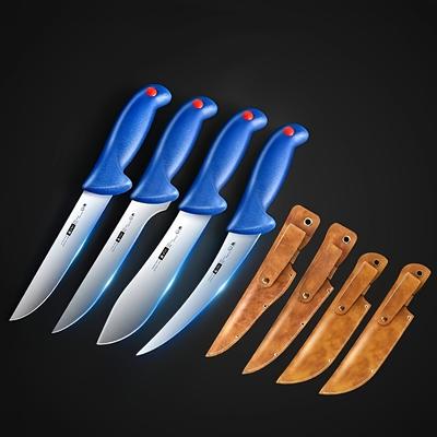 TEMU 4pcs Blue Handle Bone Cutting Knife Set With Leather Scabbard, Kitchen Dining Room Stainless Steel Cutting Blade, Sharp Kitchen Knife, Curved Kitchen Knife Set Image