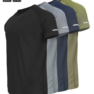 TEMU 4pcs Men's Casual Sports T-shirts - Short Sleeve, Round Neck, Polyester Knit Fabric - Breathable, Quick-dry For Daily Exercise, Running, Cycling, Basketball & - White, Black, Red, Gra Image
