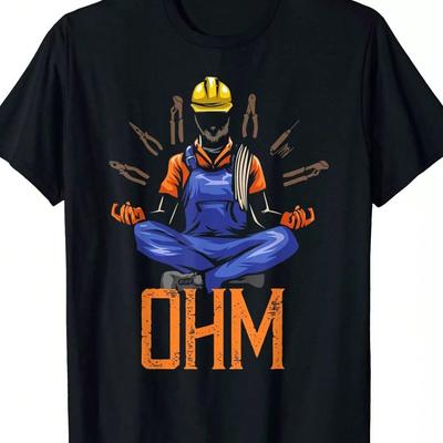 "TEMU Men's Meditation Electrician Graphic T-shirt - 100% Cotton, Black With Orange "ohm" Print, Fun & , Christmas, Halloween, Or All- Gifts, Sizes S-3xl" Image
