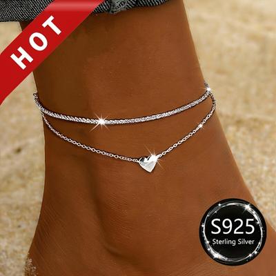 TEMU 925 Sterling Silvery Heart Pendant Anklet, Bohemian Style Bracelet, Fashionable Sexy Non-plated Jewelry, Suitable For Gifting And Vacation, All Image