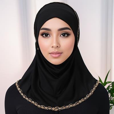 TEMU Elegant Yarn-dyed Polyester With Trim - Lightweight, Elastic Fitted Turban Hat For Women, Theme, Ideal For Ramadan, & Image