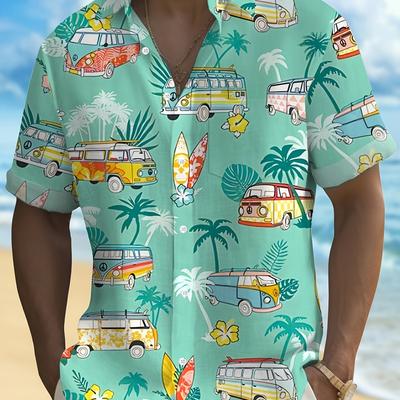 TEMU Men's Tropical Surf & Palm Tree Print Short Sleeve Shirt With Pocket - Vibrant Hawaiian Design, Lightweight Polyester, Summer Vacations & Casual Image