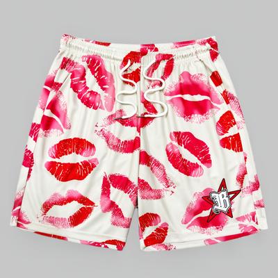 TEMU Men' White & Pink Athletic Shorts With Drawstring Waist - Lightweight Polyester, Comfortable For Casual Or Active Wear Image