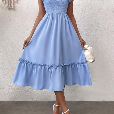 TEMU Youduomi Women's Elegant A-line Dress - Square Neck Short Sleeves, Solid Color, Machine Washable, Versatile For Casual & Formal Occasions, Smooth Texture Fabric Image