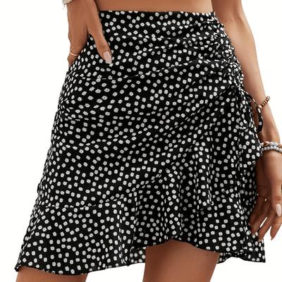 TEMU Women's High-waist Floral Wrap Skirt With Ruffle Hem - Elegant Black & White Polka Dot Mini Skirt, Machine Washable Polyester, Spring/summer/fall Image