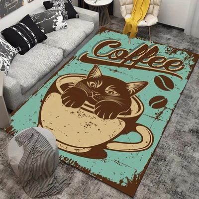 TEMU Polyester Fiber Area Rug With 3d Cat Coffee Print - Non-slip, Indoor/outdoor Decorative Mat For Bedroom, Living Room, Playroom - Seasonal, Durable 800g/m2 Crystal Velvet Carpet Image