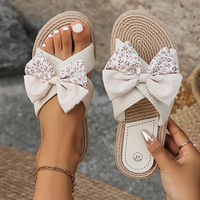 TEMU Women's Floral Bow Slide Sandals - Beige Woven Straw Flat Summer Shoes With Pink Bow & White Sole, Non-slip Outdoor Beach Slippers, Beach Footwear | Floral | Sandals, Strappy Sandals Image
