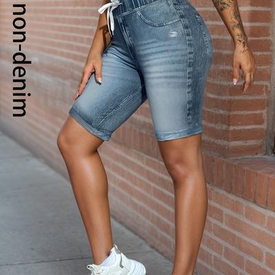 TEMU Women's Casual Drawstring Shorts - Denim Print, Pockets, Skinny Fit, High-waisted Design, Summer, , Casual Wear | Highwaisted Shorts | Glossy Finish, High Waisted Short Image