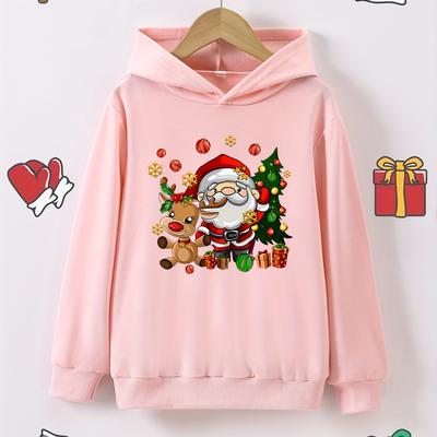 TEMU Girls' Cozy Christmas Hoodie With Santa & Reindeer Print - Long Sleeve, Casual Pullover For Spring/fall Image