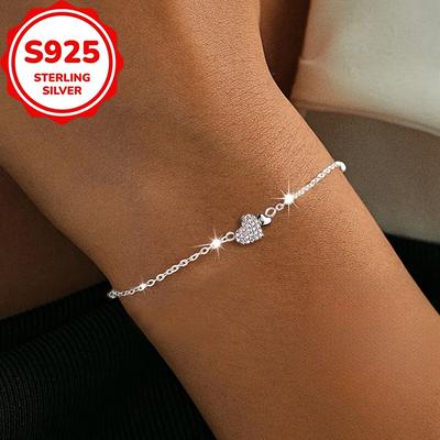 TEMU 1pc Pure Silver Heart Pendant Bracelet, Exquisite S925 Pure Silver Women's Bracelet, Set With Cubic Zirconia Heart Pendant, Low Allergy, Suitable For And Gift, Christmas Season Accessories 1.6 Image