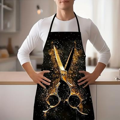 TEMU 1pc Stylish Scissors Print Work Apron - Durable 100% Polyester, Golden & With , Adjustable Neck & Waist Straps For Salon, Gardening, Cooking Image