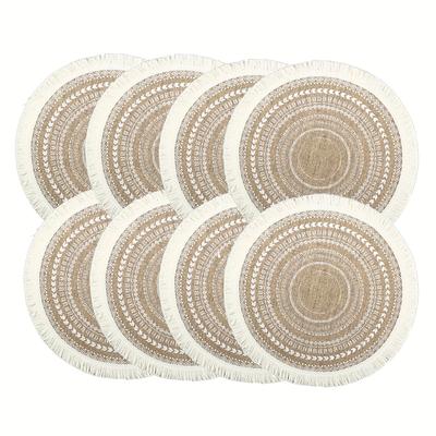TEMU 6pcs/8pcs Round Bohemian Style Placemat, Dining Beige Bohemian Style Round Placemat With Tassels Image