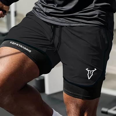 TEMU Men's 2-in-1 Quick-dry Breathable Athletic Shorts With Geometric Print - Lightweight Running & Training Gear, Olive Green With Black Accents, Asymmetrical Design, Pockets, , Gym Short Image
