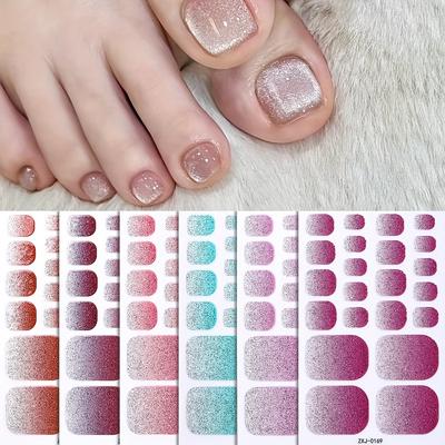 TEMU 6 Sheets Light Luxury Glossy Unscented Plastic Self-adhesive Single Use Fantasy Toe Nail Stickers, Solid Pattern, With Glitter, For Women And Girls, Spring And Summer Y2k Image