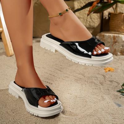 TEMU Women's Elegant Slip-on Open-toe Sandals - Cover Casual Shoes With Thick Cushioned Rubber Sole For , Beach & Casual Attire, Glossy Finish | Durable Traction, Strappy Sandals Image