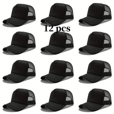 TEMU 12pcs Customizable Unisex Breathable Mesh Trucker Baseball Caps With Adjustable Snap Closure, Black And Gray Front Panels - Lightweight Summer Work, Outdoor, Graduation Hats Image