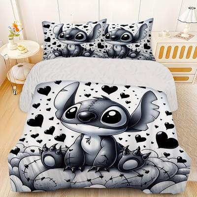 TEMU Stitch Printed Cartoon Duvet Cover Bedding Sets With 3pcs Including Duvet Cover And 2 Pillowcases With Cute Character Designs, Suitable For Day, Couple Double/single Image