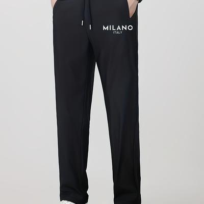 TEMU Men's Slim-fit Casual Pants With Letter Print, Drawstring Waist, Side Pockets - Black, Non-stretch Fabric, Summer, Everyday , And Style Image