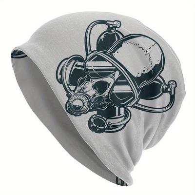 TEMU Biihudu Men's Skull & Deep Diving Helmet Beanie Hat - Black & White Graphic Print, Soft Warm Winter Skull Cap For Casual Streetwear, Diving Enthusiasts, Comfortable Headgear Image