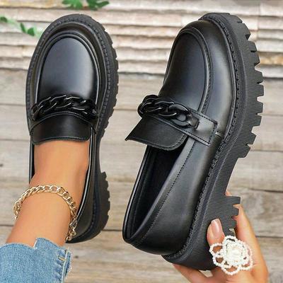 TEMU Women' Synthetic Leather Loafers - Comfortable Round Toe Slip-on Shoes With , Lightweight Travel Footwear For Casual Or Outdoor Wear, Outdoor Shoes | Chunky Sole Footwear | Shoes Image