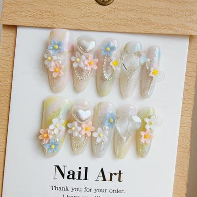 TEMU 10pcs Luxury Oval Press-on Nails Set, Color Floral Pattern, , Medium Length, Handmade Fake Nails For Women Image