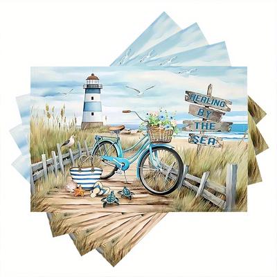 TEMU () 4pcs Beach Lighthouse And Vintage Bicycle Design Placemats, Suitable For Holiday And Daily Elegant Dining, Farmhouse Kitchen, Parties And Picnics - Digital Image