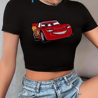 "TEMU Women's "cars" Graphic T-shirt - Red Short Sleeve Tee With Lightning Design, Casual & Trendy For Everyday, Sports, And Parties, Casual Wear | Print | , Car Themed Apparel" Image