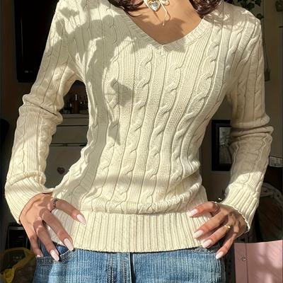 TEMU Women's Elegant V-neck Cable Knit Sweater - Beige, Long Sleeve, Fall/winter Top With Ribbed Detail, Stylish Accessory Necklace, Stylish Top| Sweater|cable Knit Texture Image