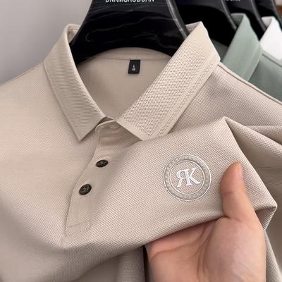 TEMU Men's Breathable Shirt With Embroidered Logo, Short Sleeve Golf & Casual Wear, White, Button- Collar, Lightweight Fabric For , Golf T Shirt Image