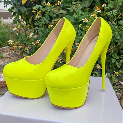 TEMU Women's Neon Yellow Ultra-high Platform Stiletto Heels - Glossy Synthetic Cover Round-toe Party Shoes For Nightclub, Evening Events & Wear, Shoes Heels Image