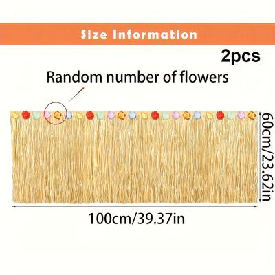 TEMU 2pcs Hawaiian Party Straw Table Skirts, Hibiscus Flower Grass Skirt Jungle Tropical Hawaiian Party Decorations For Tropical Hawaiian Party Theme Birthday Party, Straw Yellow Image