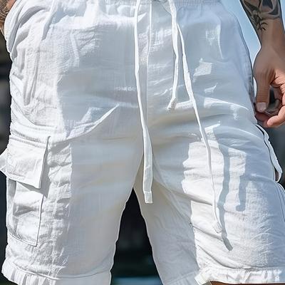 TEMU Men's Casual Summer Shorts With Elastic Drawstring Waist & Side Pockets - Lightweight Breathable Regular Fit Mid-rise White For Outdoor Activities Image