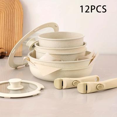 TEMU 12pcs Stainless Steel Cookware Set, Stackable Design With 2 Removable Handles Cookware Set, Easy To Clean, Multi-functional Wok, Frying Pan, Grill Pan, Steamer