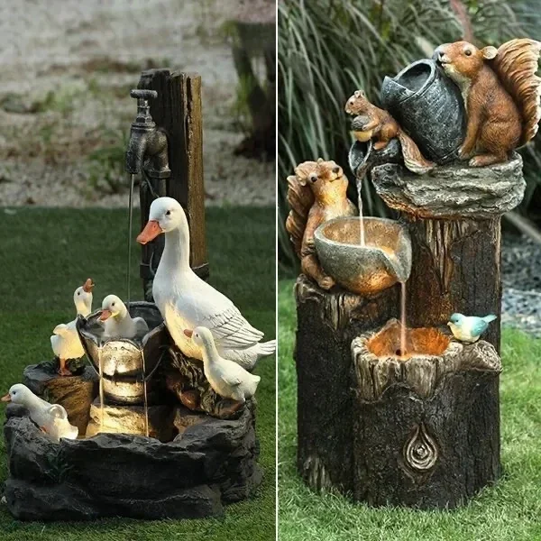Yard Decor Outdoor For Power Simulation Statue Figurine Landscape Animal Squirrel Fountain Solar Decoration Garden Resin Duck