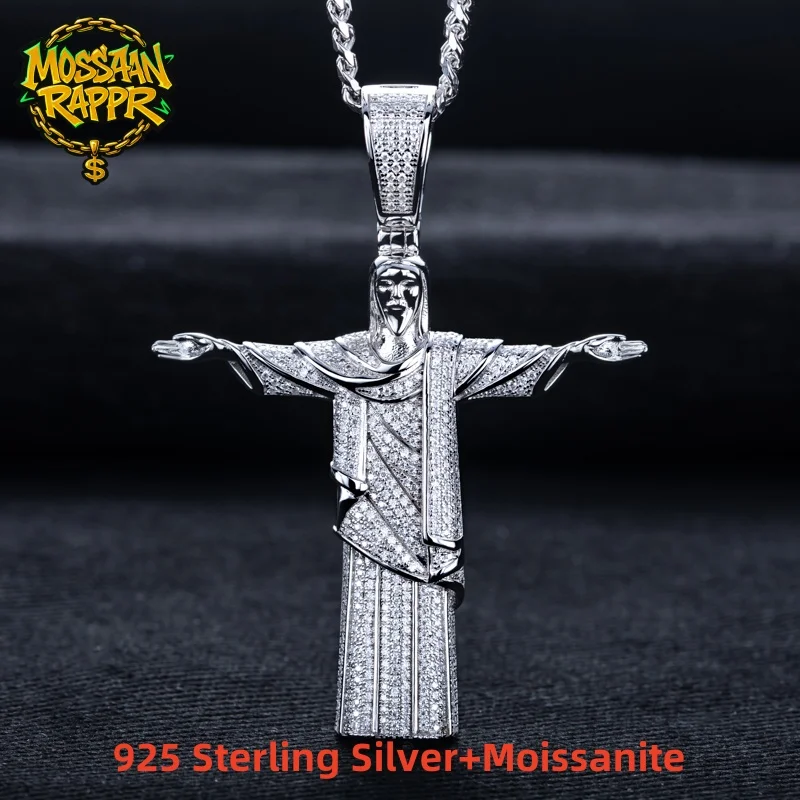 MossanRappr 1,23 cttw Moissanit Christus Der Erlöser Statue Anhänger Iced Out Halskette 925 Sterling Silber Hip Hop Schmuck für Männer