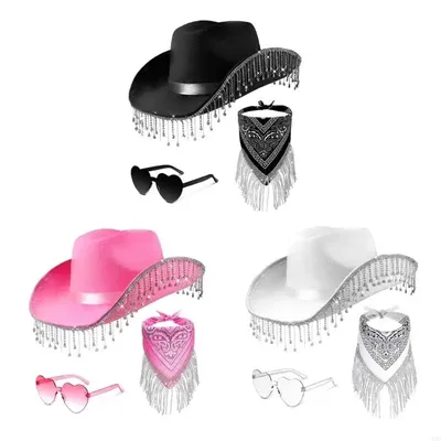 U13E Quasten Cowboy Kostüm Western Breiter Krempe Halstuch Sonnenbrille Set Cosplay Party Kostüm Zubehör 3 Stück Image