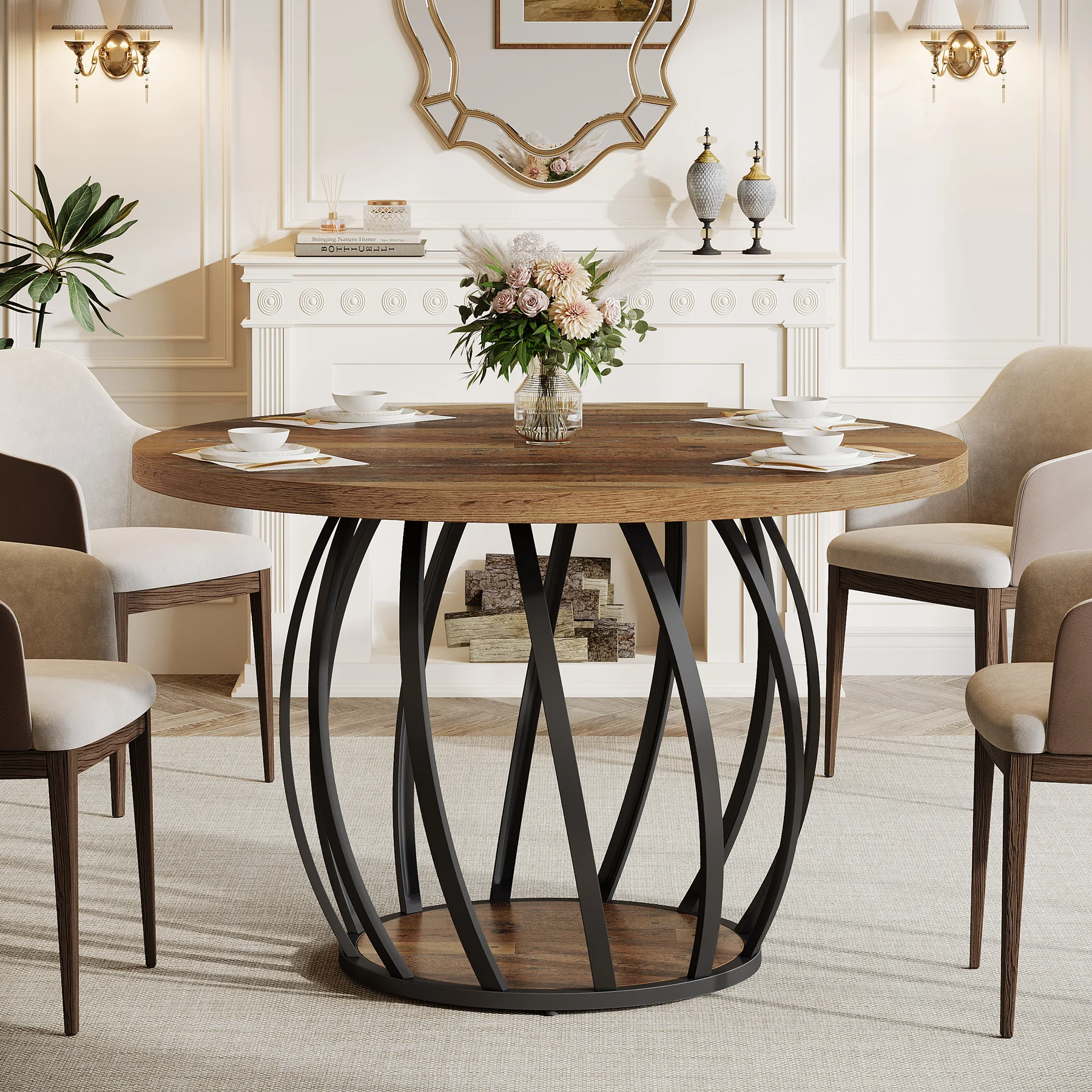 Tribesigns runder Esstisch, 46 Zoll (118 cm) Küchentisch aus Holz mit stabilem Metallgestell für 4–6 Personen, rustikales Braun