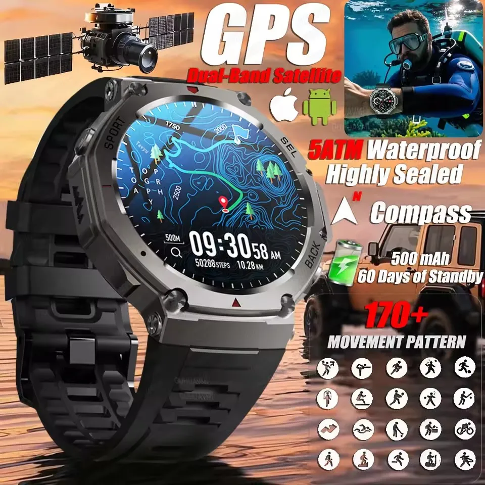 T-Rex GPS-Smartwatch, 1,43 Zoll, Ultra-AMOLED, Voll-Touchscreen, 5 ATM wasserdicht, 500 mAh, hoher Akku, Kompass, 170+ Sportmodi für Herren Image