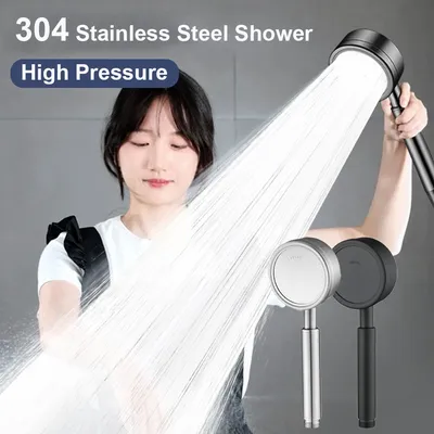 Black Silver 304 Stainless Steel Shower Head High Pressure Handheld Sprayer Fall Resistant
