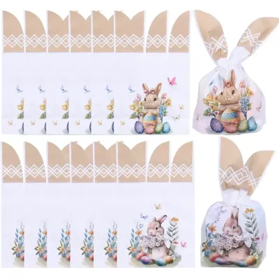 50pcs Easter Bunny Ear Gift Bags Cute Rabbit Eggs Candy Cookie Packaging Supply Happy Easter Party