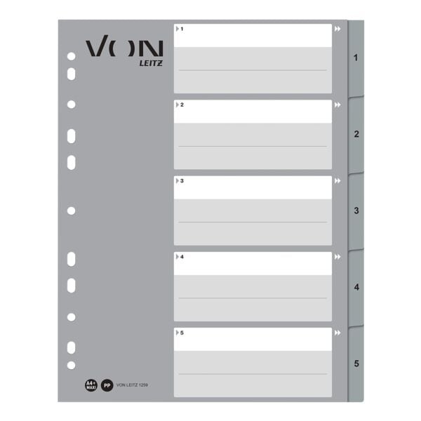 VON by Leitz Ordnerregister 5-teilig A4 Überbreite Polypropylen grau, 29.7 cm Image
