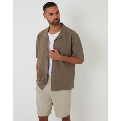 Khaki Green Textured Revere Collar Short Sleeve Shirt