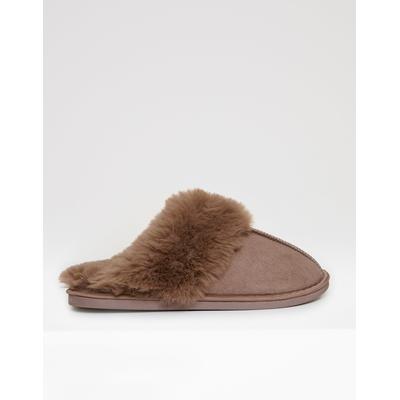 Mink Brown Faux Fur Lined Mule Slippers